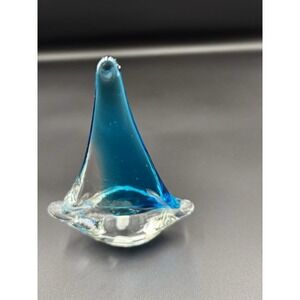 Sail Boat Paperweight Blue and Clear Glass with Few Bubbles 4.5‎